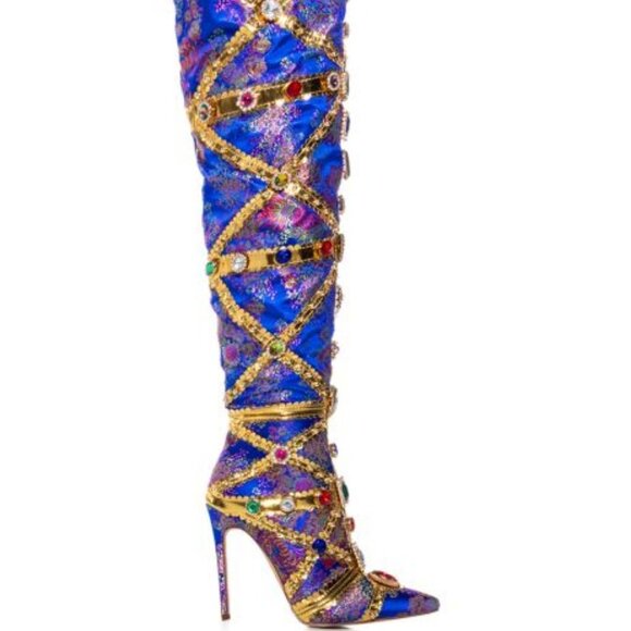 AZALEA WANG "THE HIGH  STEPPER BRIGADE" BLUE BAROCADE EMBELLISHED BOOT(BRAND NEW - Picture 5 of 8